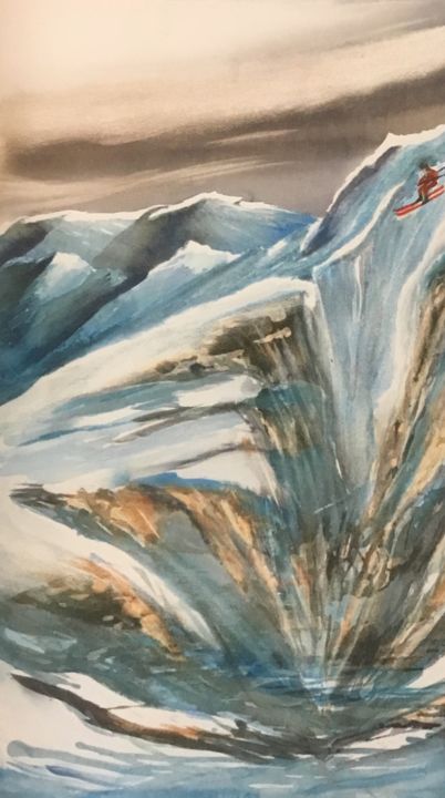 Painting titled "Ski extrême.jpeg" by Olivier Follin, Original Artwork, Watercolor