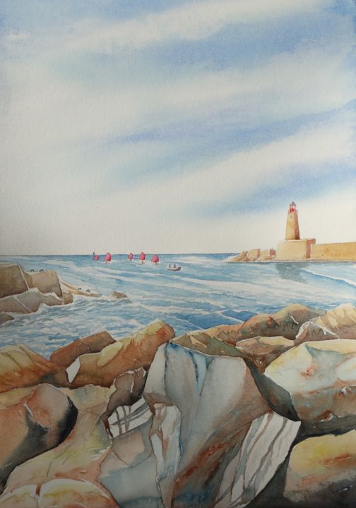 Painting titled "L’Entrée du Port de…" by Olivier Follin, Original Artwork, Watercolor