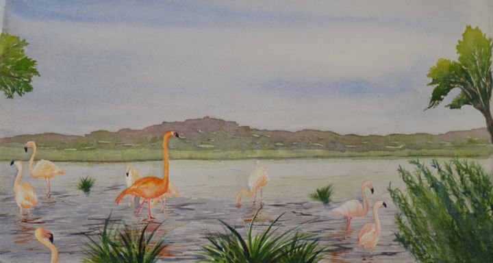 Painting titled "Flamants Rose" by Olivier Follin, Original Artwork, Watercolor