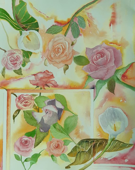 Painting titled "Roses et Arums" by Olivier Follin, Original Artwork, Watercolor
