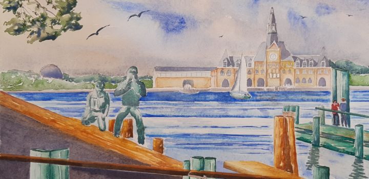 Painting titled "Sur le quai à Batte…" by Olivier Follin, Original Artwork, Watercolor