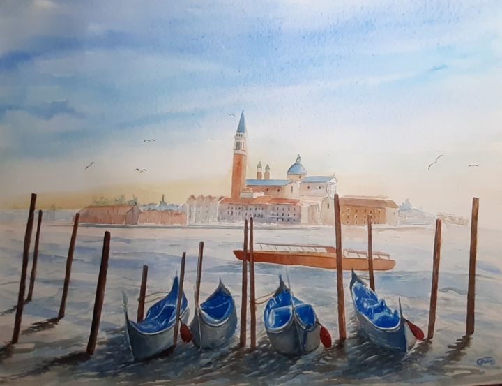 Painting titled "Les Gondoles - Veni…" by Olivier Follin, Original Artwork, Watercolor