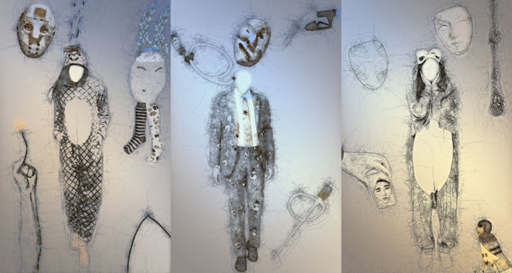 Grafika cyfrowa / sztuka generowana cyfrowo zatytułowany „Masks tryptic _  co…” autorstwa Olivier Gilet, Oryginalna praca, M…