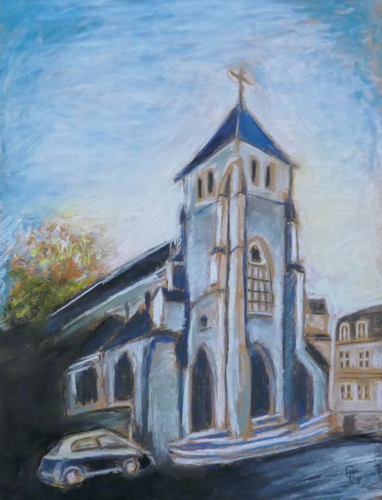Drawing titled "Une église" by Olivier Gourion, Original Artwork, Pastel