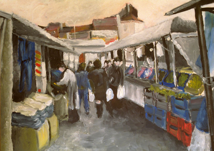 Painting titled ""Marché de Jette"" by Olivier Rose, Original Artwork, Acrylic Mounted on Wood Panel
