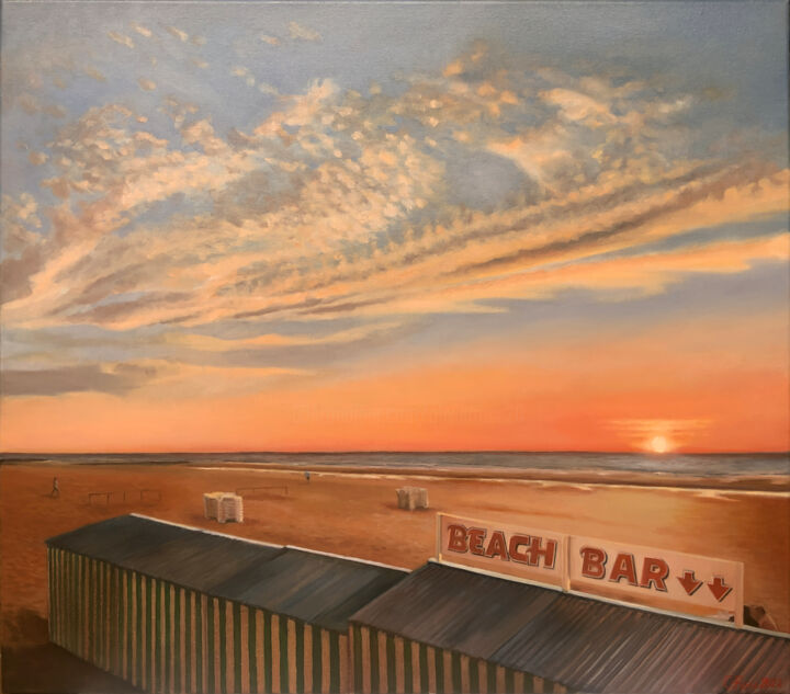 Painting titled ""Koksijde, BeachBar…" by Olivier Rose, Original Artwork, Oil Mounted on Wood Stretcher frame