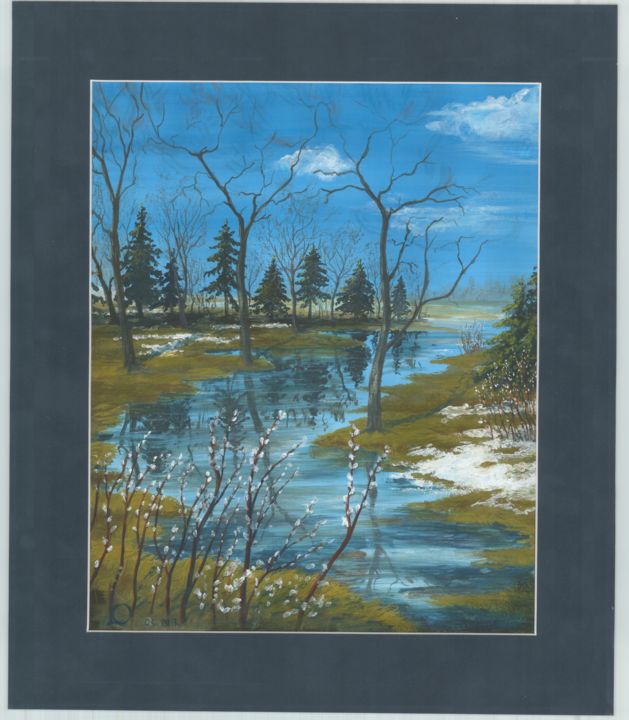 Painting titled "spring landscape" by Olga Levicheva, Original Artwork, Gouache