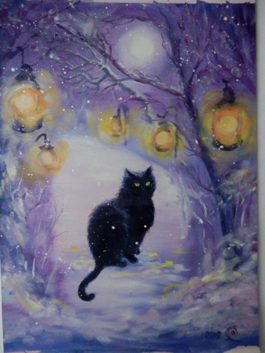 Painting titled "mysterious cat" by Olga Levicheva, Original Artwork, Oil