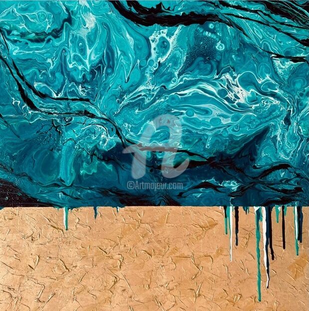 Картина под названием "Fluid art, Gold abs…" - Ольга Яшина, Подлинное произведение искусства, Акрил Установлен на Деревянная…