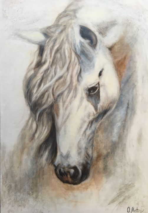 Painting titled "White Horse" by Olga Metz, Original Artwork, Oil