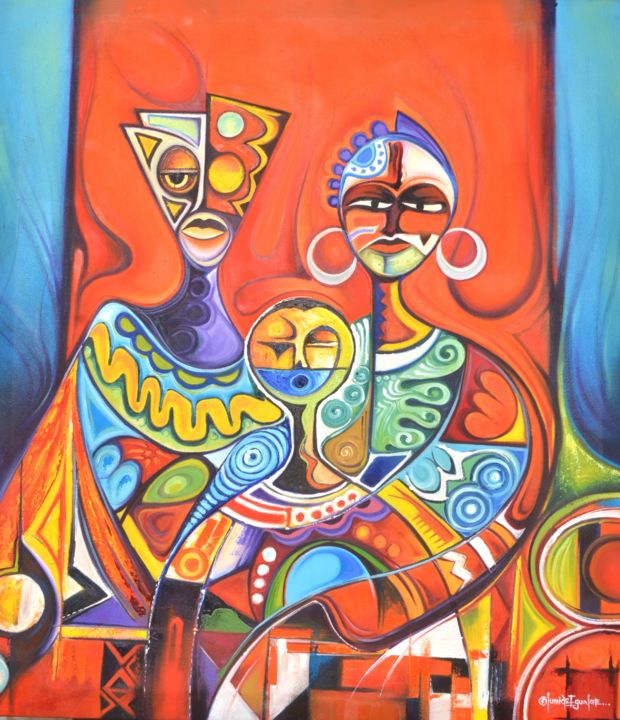 Painting titled "Papa, Mama and Me" by Olumide Egunlae, Original Artwork, Oil