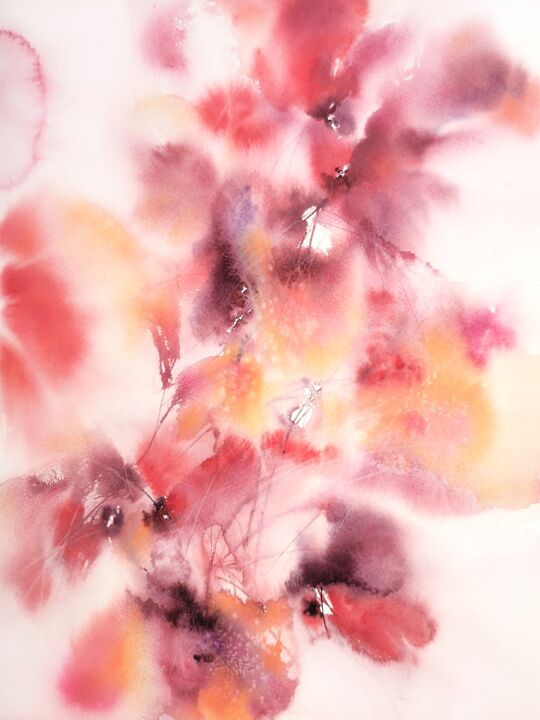 Pintura titulada "Red abstract flower…" por Olya Grigorevykh, Obra de arte original, Acuarela