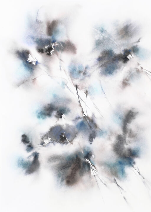 Peinture intitulée "Abstract blue flowe…" par Olya Grigorevykh, Œuvre d'art originale, Aquarelle
