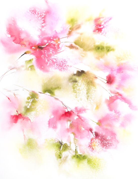 Pintura intitulada "Soft pink flowers,…" por Olya Grigorevykh, Obras de arte originais, Aquarela