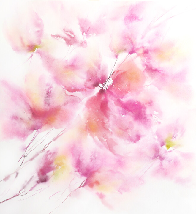 Картина под названием "Soft flowers. Abstr…" - Olya Grigorevykh, Подлинное произведение искусства, Акварель