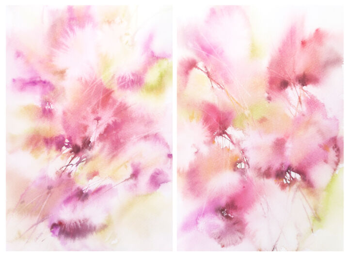 Malarstwo zatytułowany „Abstract pink flowe…” autorstwa Olya Grigorevykh, Oryginalna praca, Akwarela