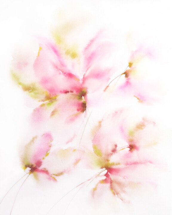 Картина под названием "Pink flowers, loose…" - Olya Grigorevykh, Подлинное произведение искусства, Акварель