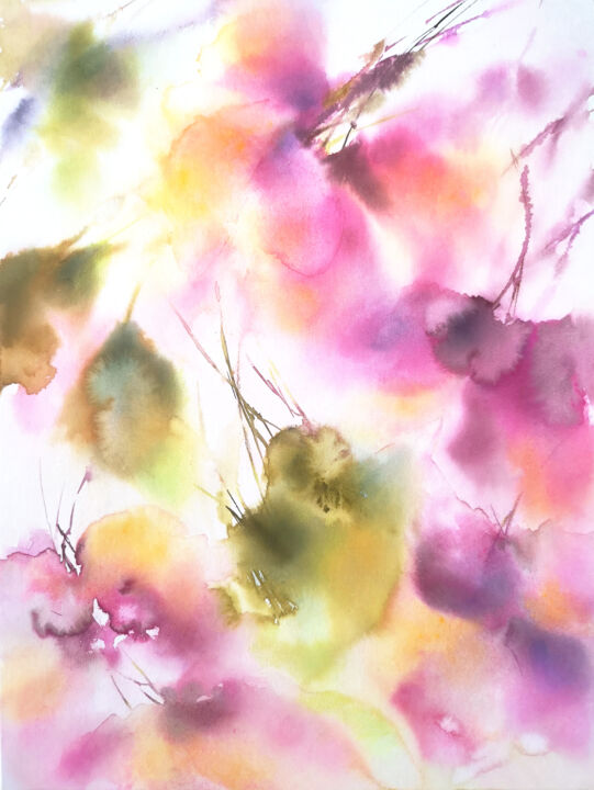 Malerei mit dem Titel "Abstract pink flowe…" von Olya Grigorevykh, Original-Kunstwerk, Aquarell