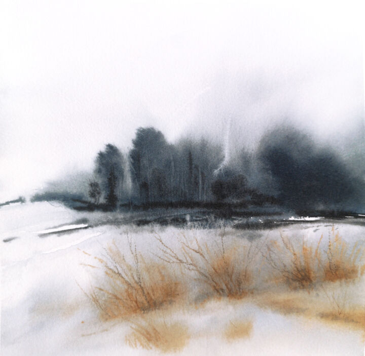 Painting titled "Cloudy winter lands…" by Olya Grigorevykh, Original Artwork, Watercolor