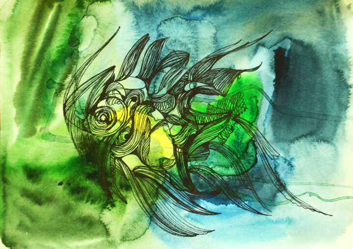 Картина под названием "12 Fish of the futu…" - Olya Kartavaya, Подлинное произведение искусства, Акварель