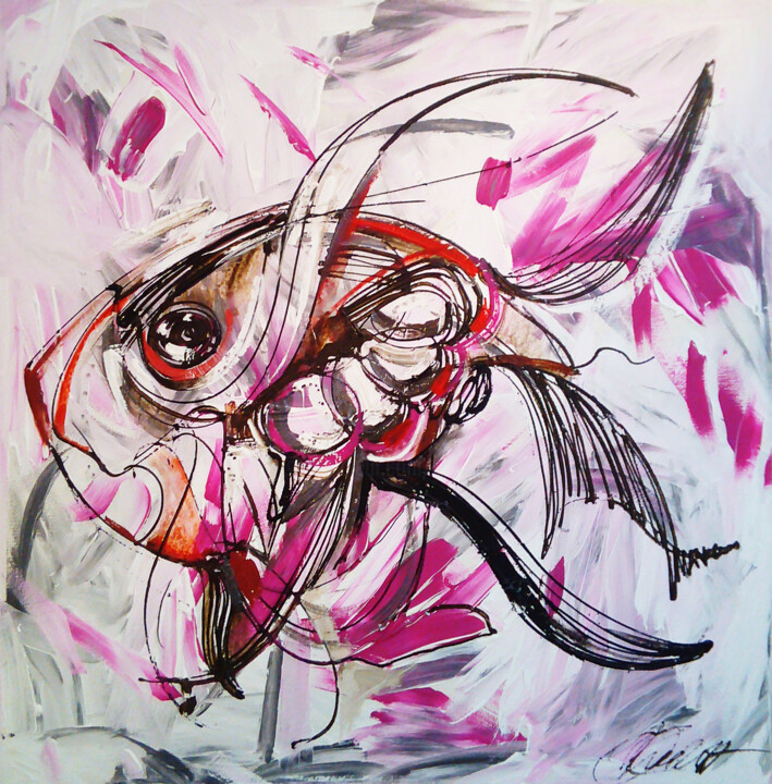 Pintura titulada "Pink Fish Extraordi…" por Olya Kartavaya, Obra de arte original, Acrílico Montado en Panel de madera