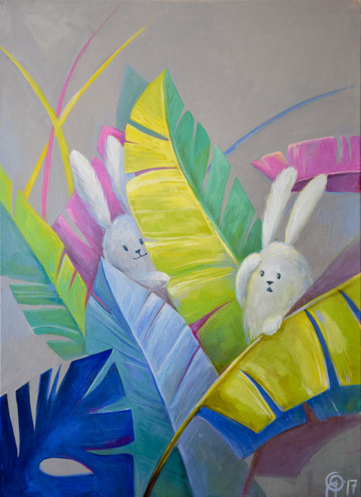 Painting titled "Bunnies. Hide and S…" by Olya Yatsenko, Original Artwork, Oil