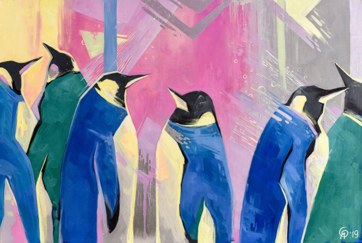 Painting titled "Penguins. New Zeala…" by Olya Yatsenko, Original Artwork, Oil
