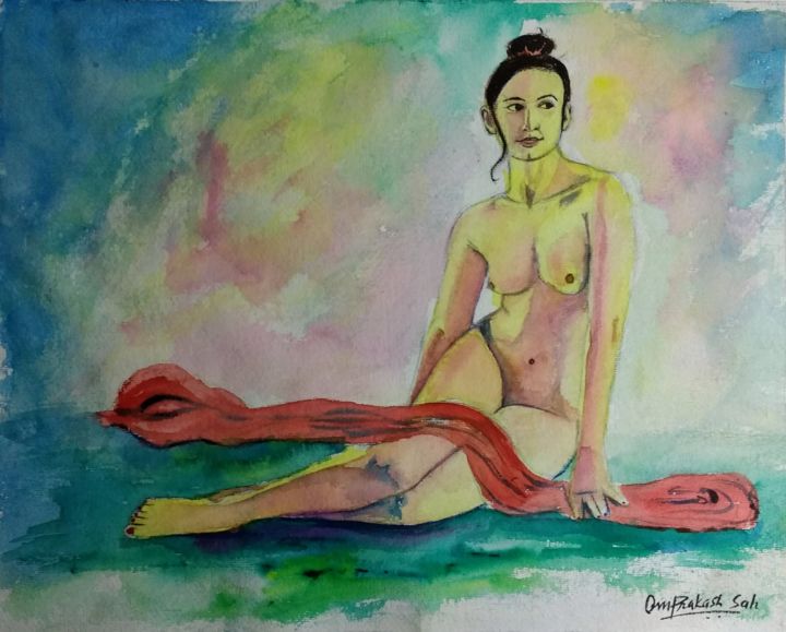 「she-knows-that-she-…」というタイトルの絵画 Omprakashによって, オリジナルのアートワーク, 水彩画