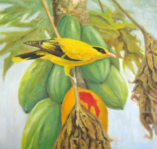 Painting titled "Yellow Bird Feeding…" by Ong Sookeat, Original Artwork