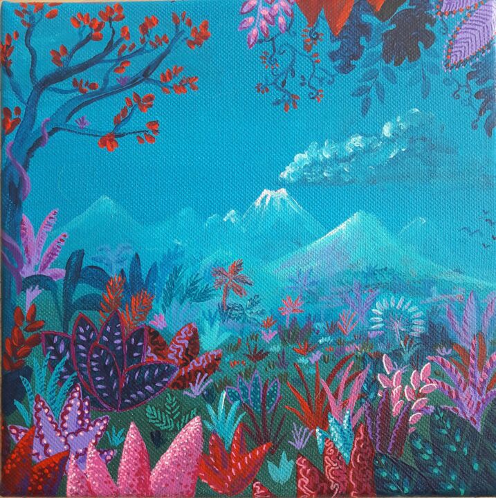 Malerei mit dem Titel "Le volcan bleu" von M Onno, Original-Kunstwerk, Acryl Auf Keilrahmen aus Holz montiert