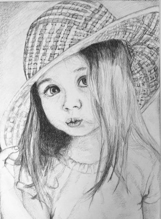 Dessin intitulée "La petite au chapea…" par Ophélie Renaut, Œuvre d'art originale, Conté