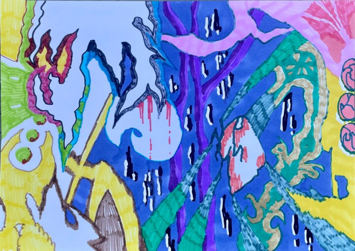 Dibujo titulada "Pluie" por Opur, Obra de arte original, Rotulador