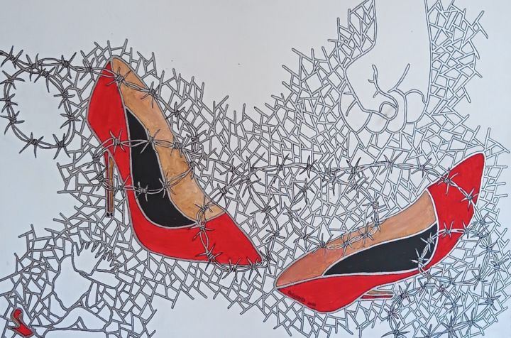 Disegno intitolato "scarpe rosse" da Oreste Polidori, Opera d'arte originale, Acrilico Montato su Telaio per barella in legno