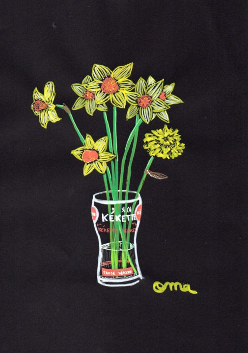 Drawing titled "Jonquilles" by O.M.A., Original Artwork, Marker Mounted on Cardboard
