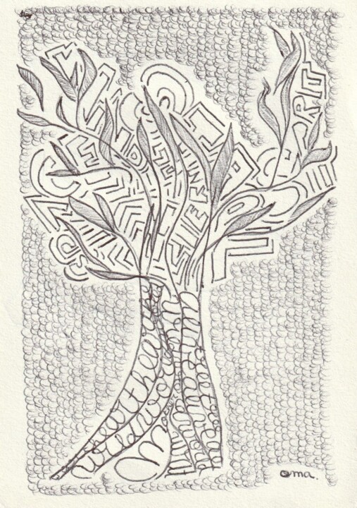 Tekening getiteld "Tree" door O.M.A., Origineel Kunstwerk, Balpen