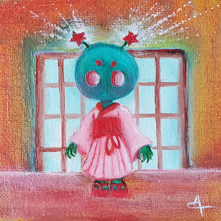 Peinture intitulée "Alien japonaise" par Orichalk, Œuvre d'art originale, Huile Monté sur Châssis en bois