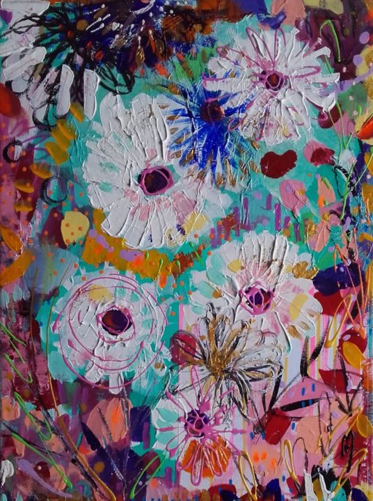 Painting titled "Fleurs Flowers" by Céline Marcoz, Original Artwork, Acrylic