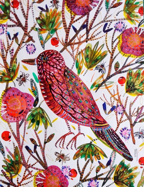 Painting titled "Oiseau Bird" by Céline Marcoz, Original Artwork, Watercolor