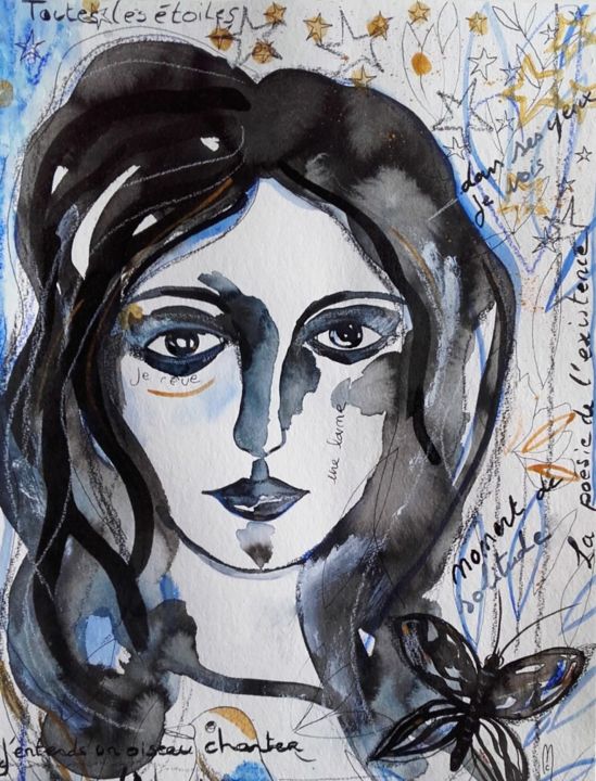 Painting titled "Portrait Femme" by Céline Marcoz, Original Artwork, Watercolor