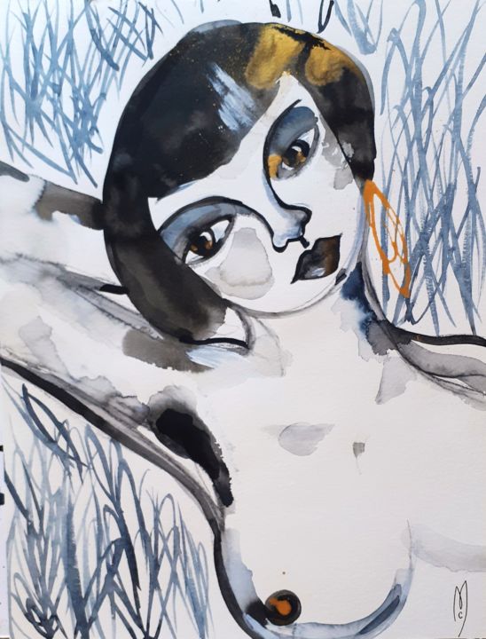 Картина под названием "Femme portrait aqua…" - Céline Marcoz, Подлинное произведение искусства, Акварель
