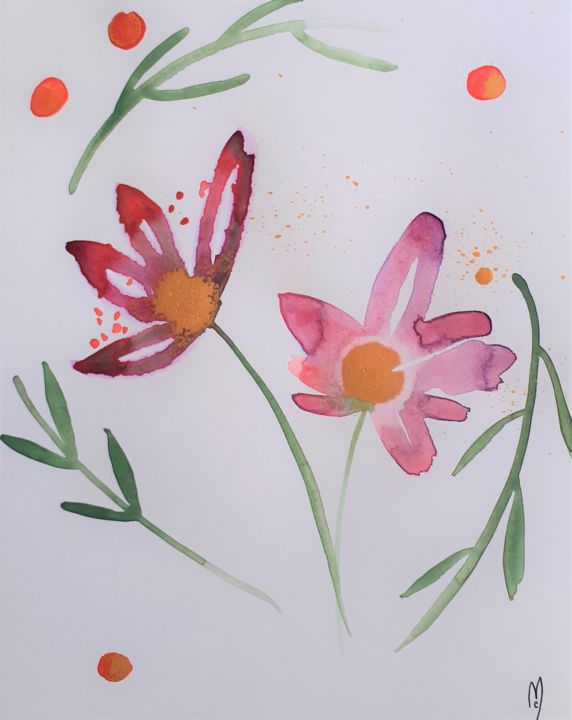 Painting titled "Fleurs Roses Aquare…" by Céline Marcoz, Original Artwork, Watercolor