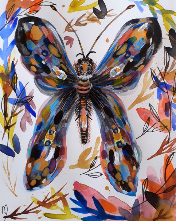 Pittura intitolato "Papillon Bleu Aquar…" da Céline Marcoz, Opera d'arte originale, Acquarello