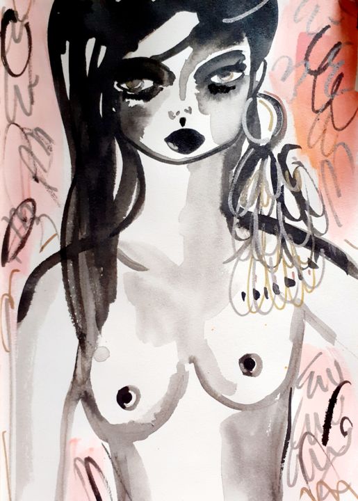 Painting titled "Nu Féminin Encre" by Céline Marcoz, Original Artwork, Ink