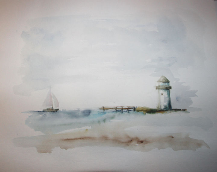 Malerei mit dem Titel "Leuchtturm mit Steg…" von Ralf Czekalla, Original-Kunstwerk, Aquarell