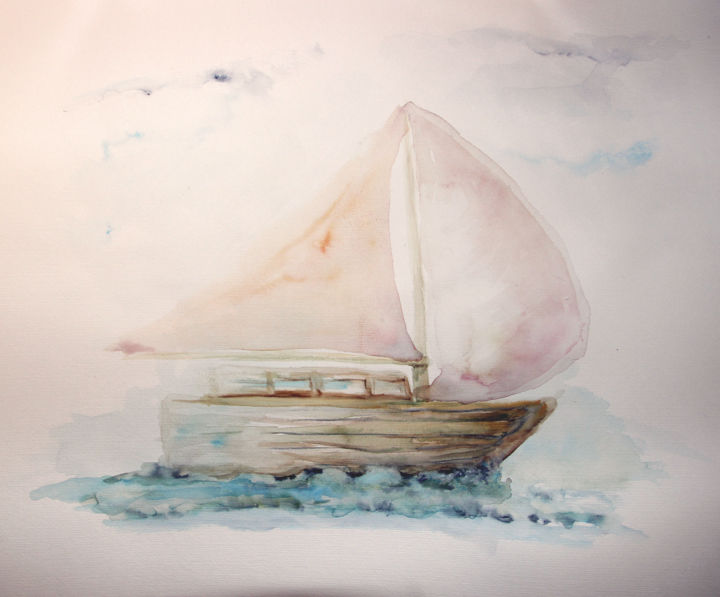 Malerei mit dem Titel "Segelboot" von Ralf Czekalla, Original-Kunstwerk, Aquarell
