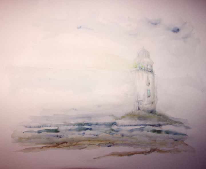 Pittura intitolato "Leuchtturm im Nebel" da Ralf Czekalla, Opera d'arte originale, Acquarello