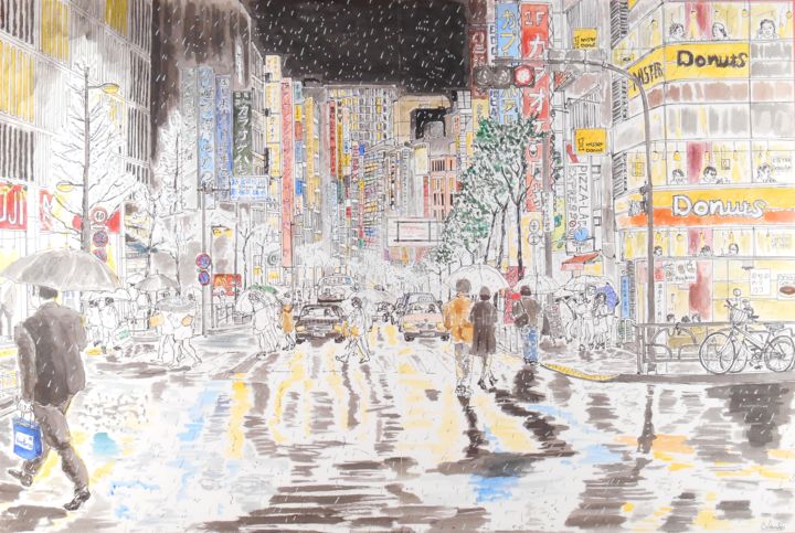 Painting titled "Tokyo sous la pluie" by Orlando Marin Lopez, Original Artwork, Ink