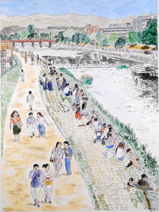 Рисунок под названием "By the river - Kyoto" - Orlando Marin Lopez, Подлинное произведение искусства, Акварель