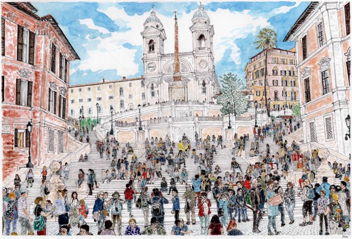 Painting titled "Roma, piazza di Spa…" by Orlando Marin Lopez, Original Artwork, Watercolor