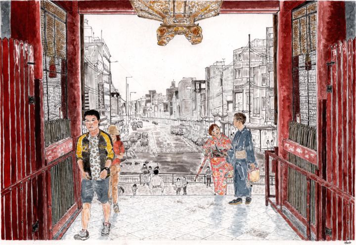 Картина под названием "Kyoto - Main street" - Orlando Marin Lopez, Подлинное произведение искусства, Акварель